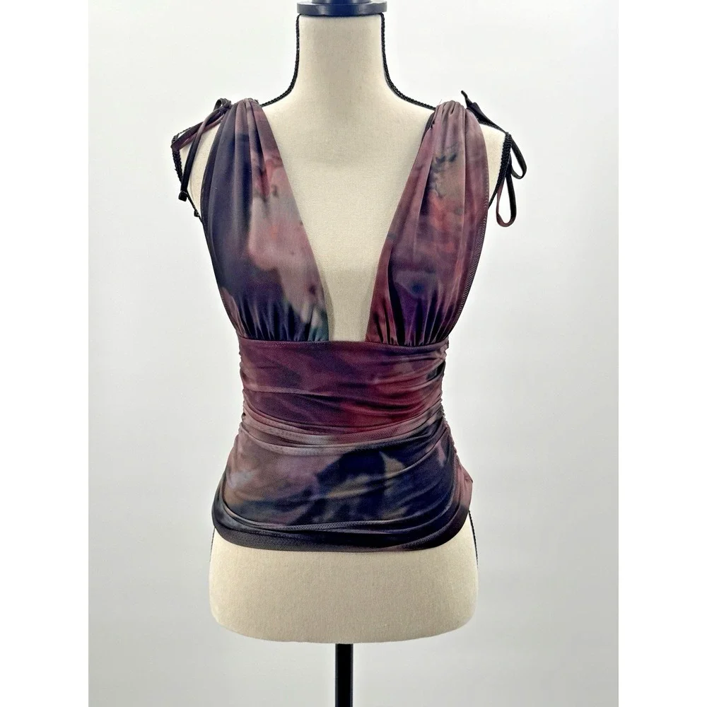 Whimsigoth Windsor Mesh Deep V Ruched Top Small Tie Straps Dark Fairy Romantic - Picture 1 of 8